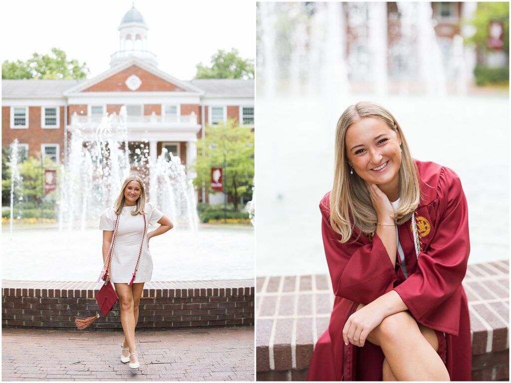 Fonville fountain Elon photos, Elon fountain senior photographer, Elon University fountain photos, popular Elon photo spots, Elon senior session inspiration, Elon grad photos at the fountain