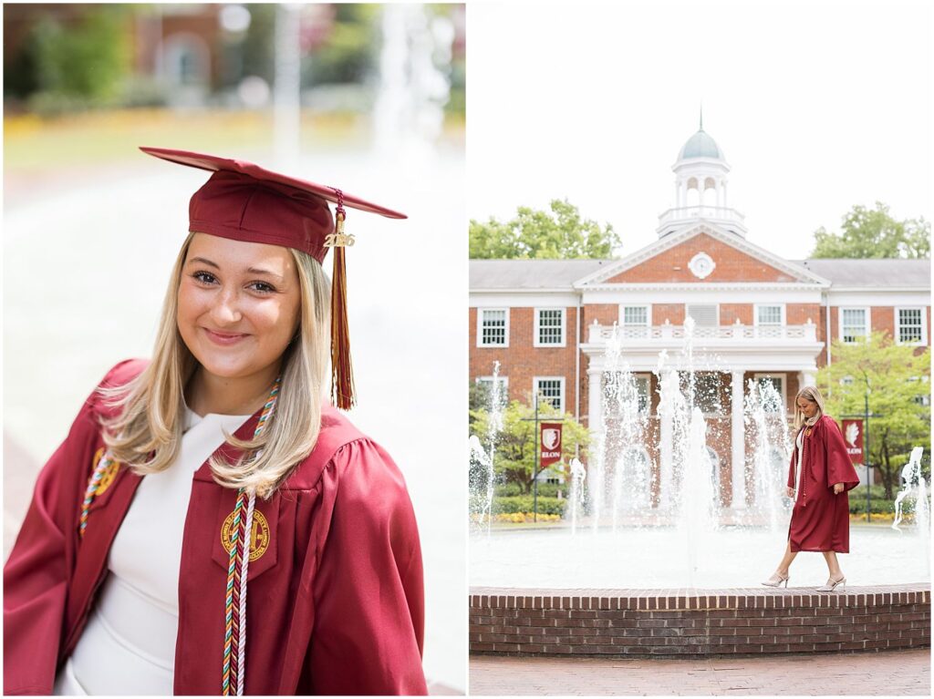 Fonville fountain Elon photos, Elon fountain senior photographer, Elon University fountain photos, popular Elon photo spots, Elon senior session inspiration, Elon grad photos at the fountain
