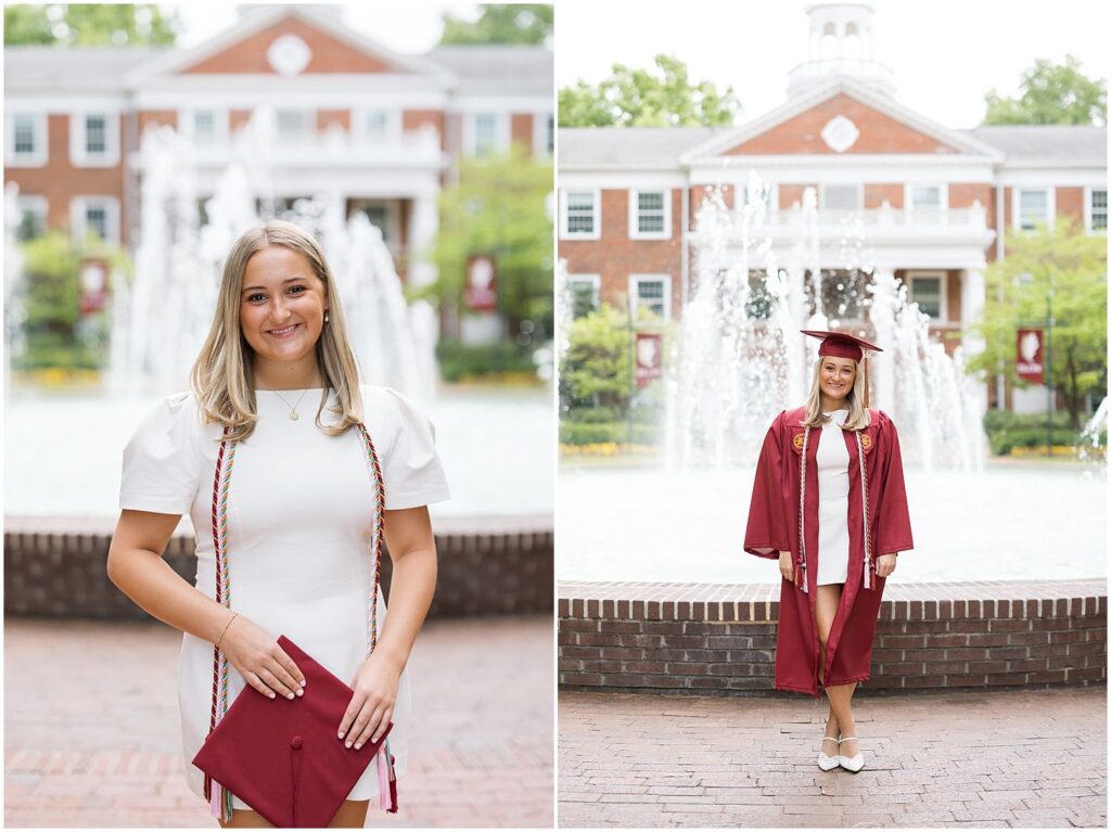 Fonville fountain Elon photos, Elon fountain senior photographer, Elon University fountain photos, popular Elon photo spots, Elon senior session inspiration, Elon grad photos at the fountain