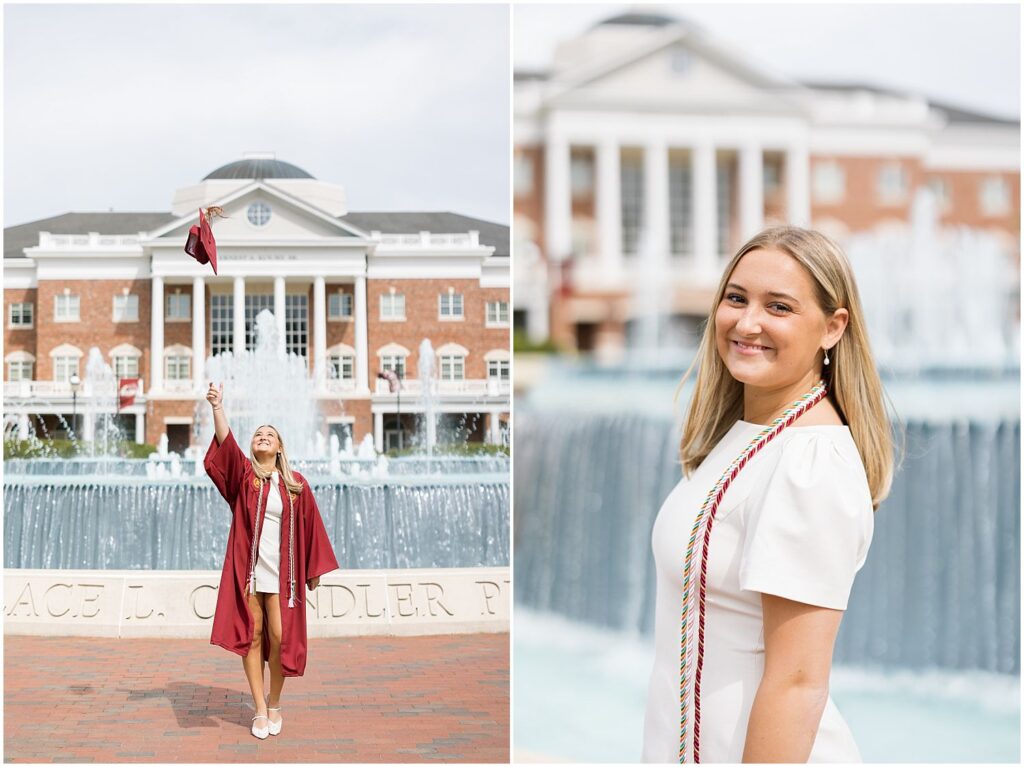 Fonville fountain Elon photos, Elon fountain senior photographer, Elon University fountain photos, popular Elon photo spots, Elon senior session inspiration, Elon grad photos at the fountain